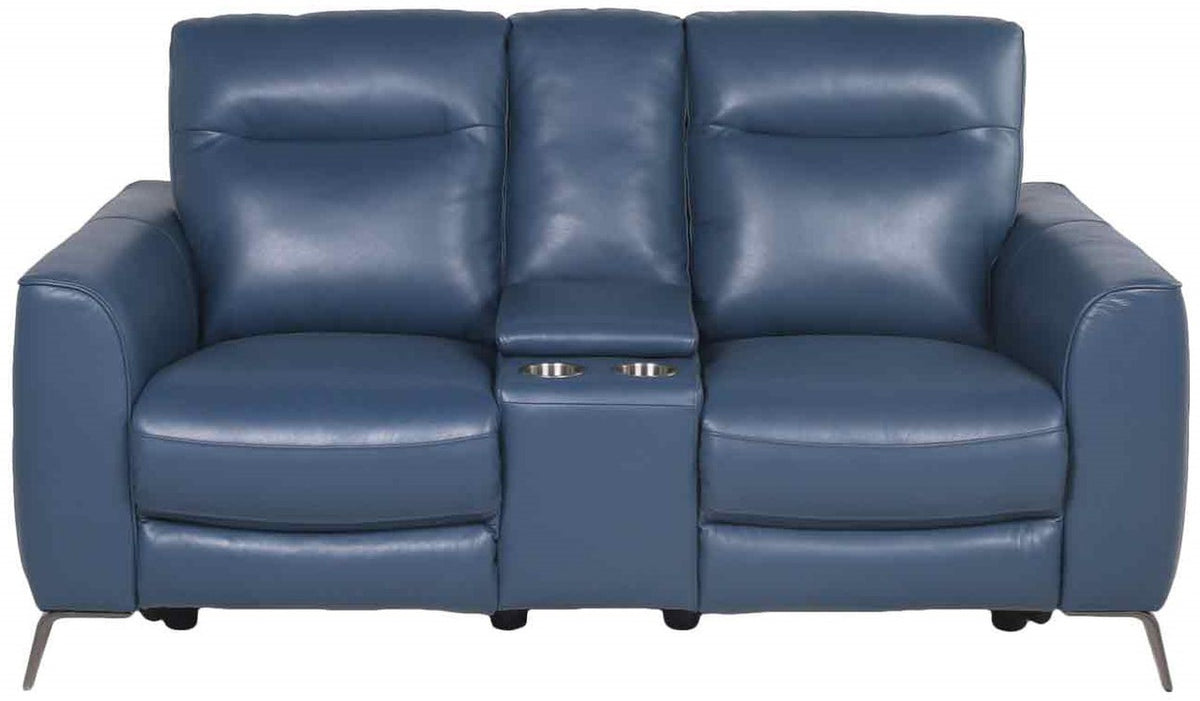 IMANI Blue Top Grain Leather Power Reclining Loveseat