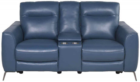IMANI Blue Top Grain Leather Power Reclining Loveseat