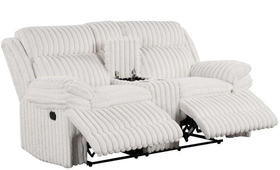 IRENE White Corduroy Reclining Sofa & Loveseat With Power Outlet