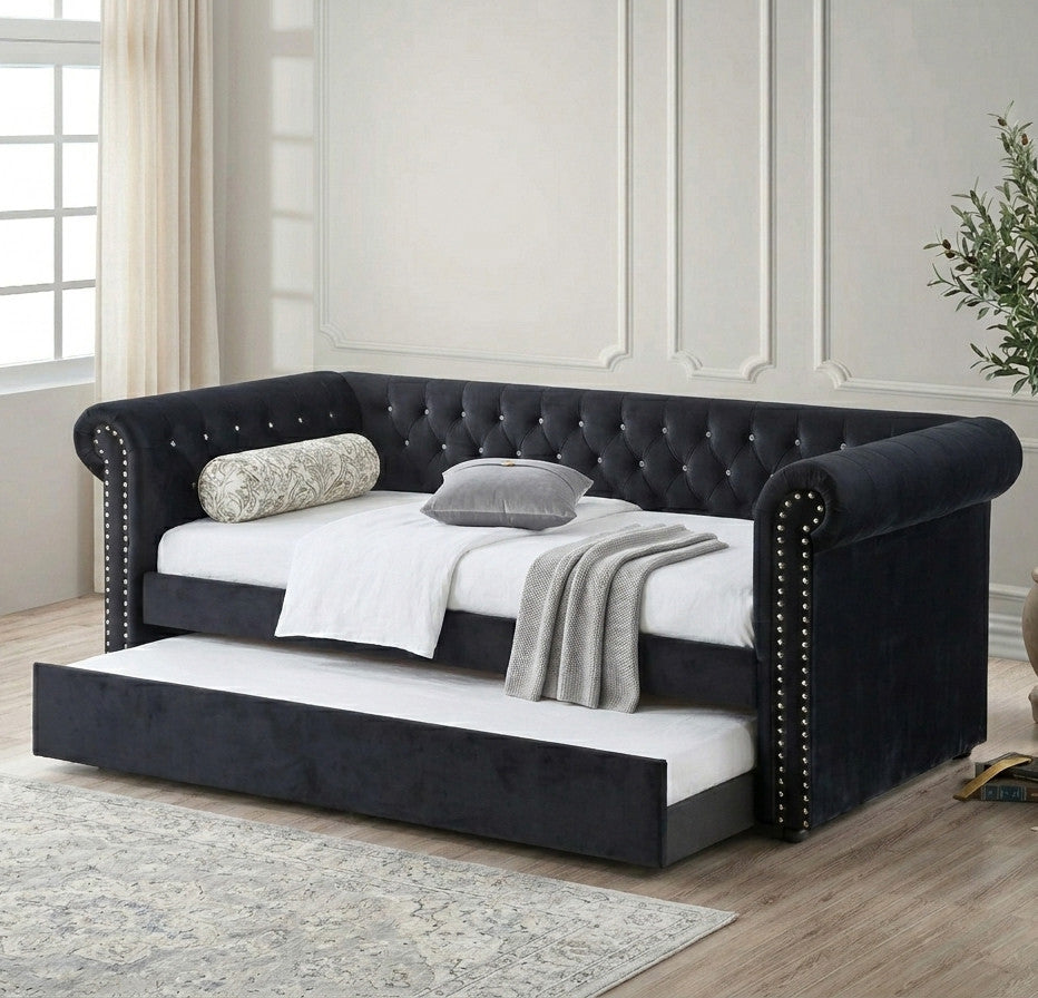 JAYME Black Velvet 96" Wide x 37" Height Daybed with Trundle