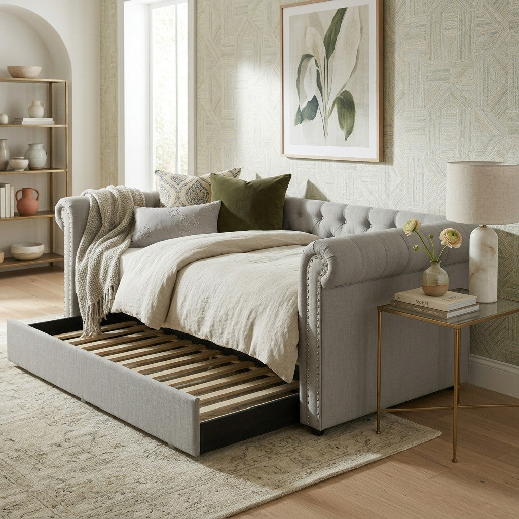 JAYME Gray Linen 96" Wide x 37" Height Daybed with Trundle