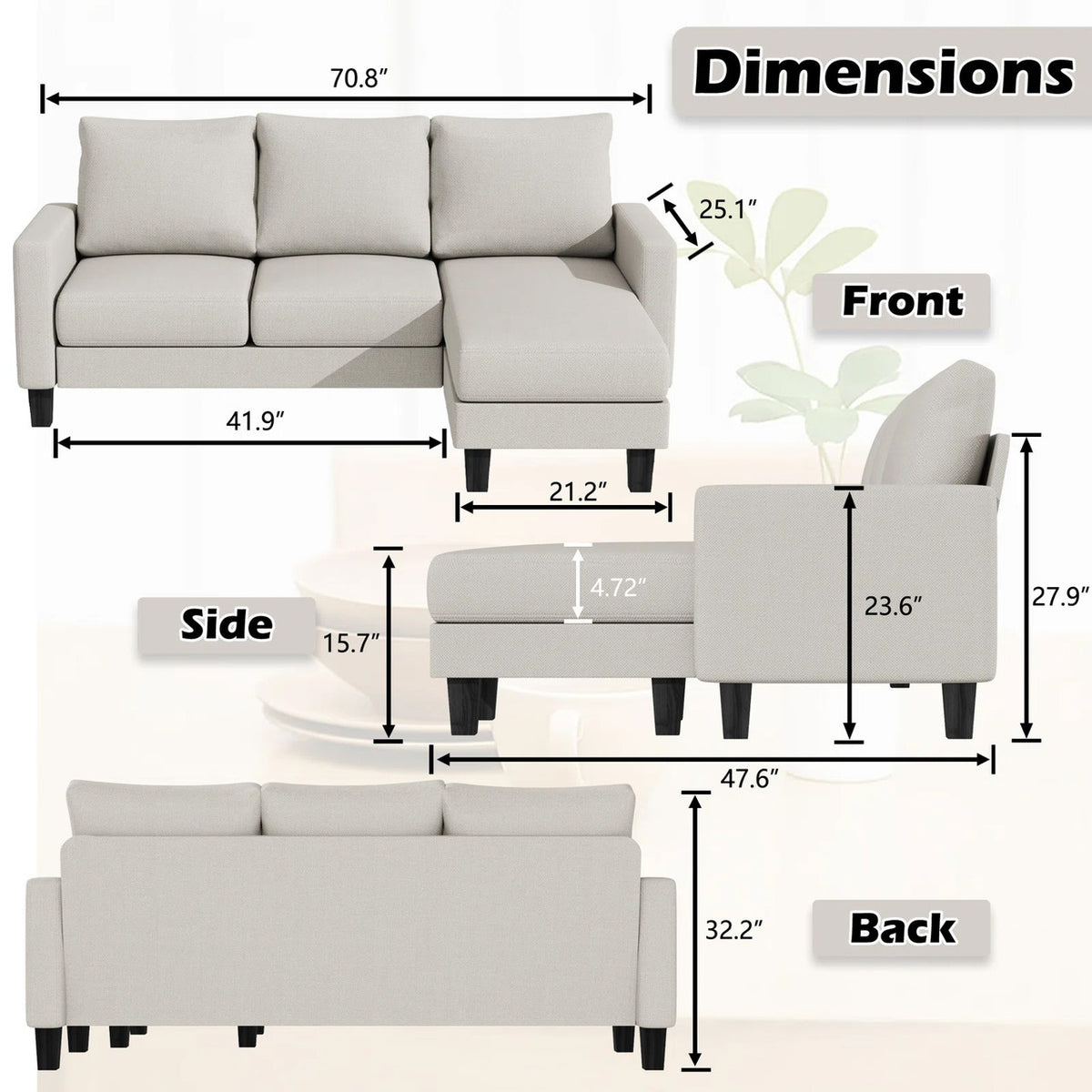 KALIMA Off White 71" x 48" Depth Reversible Sofa Chaise
