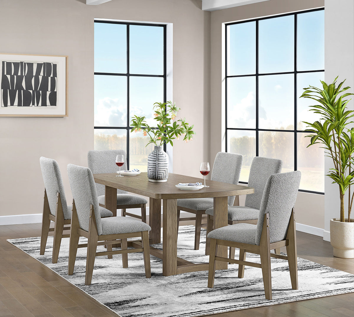 KARIM Natural Brown & Gray Boucle 7 Piece Dining Set
