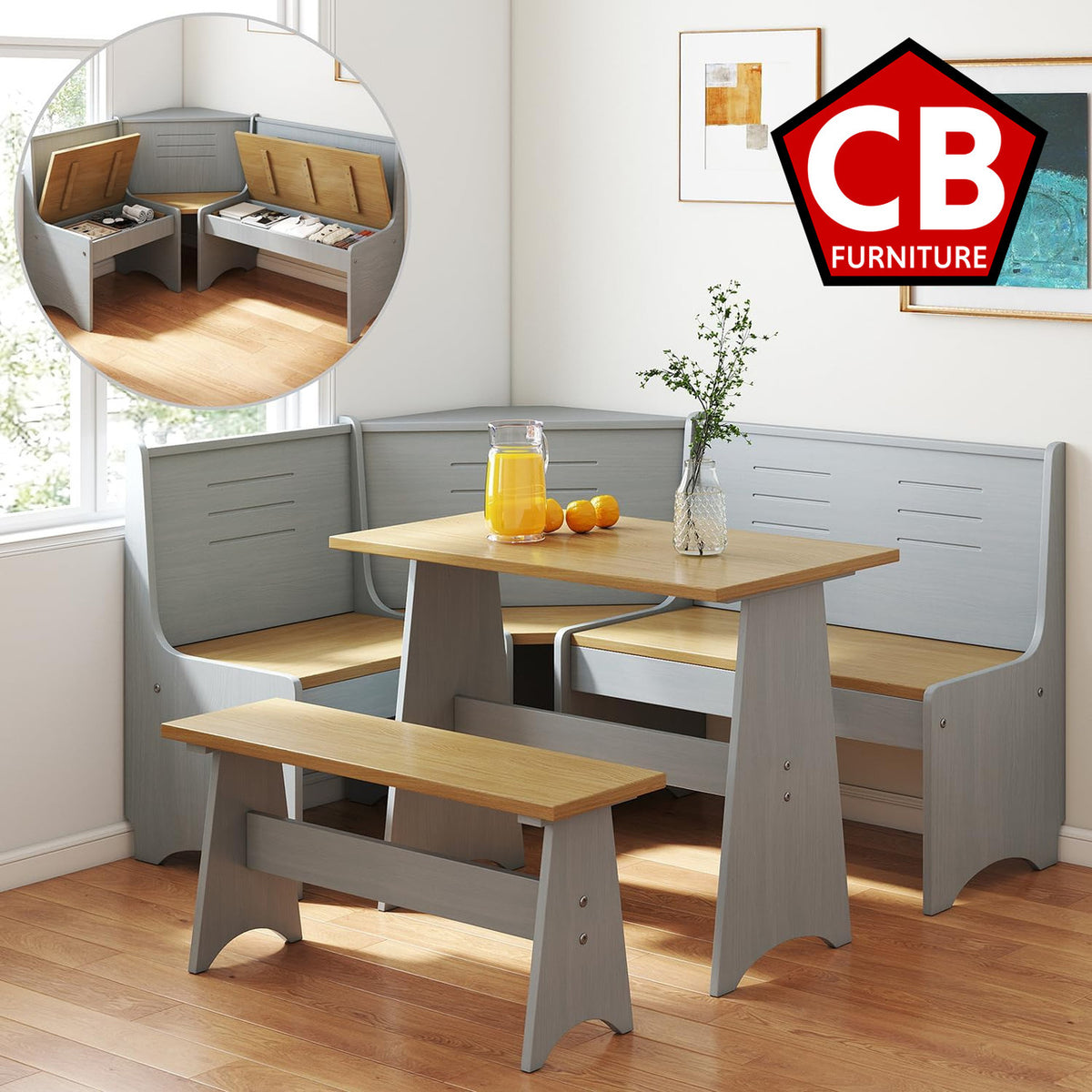 KARMINA Gray 60" x 47" L-Shaped Bench Breakfast Nook Dining Set