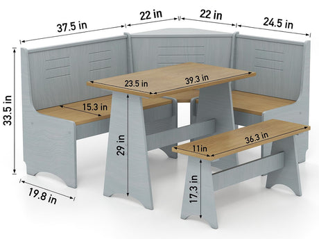 KARMINA Gray 60" x 47" L-Shaped Bench Breakfast Nook Dining Set