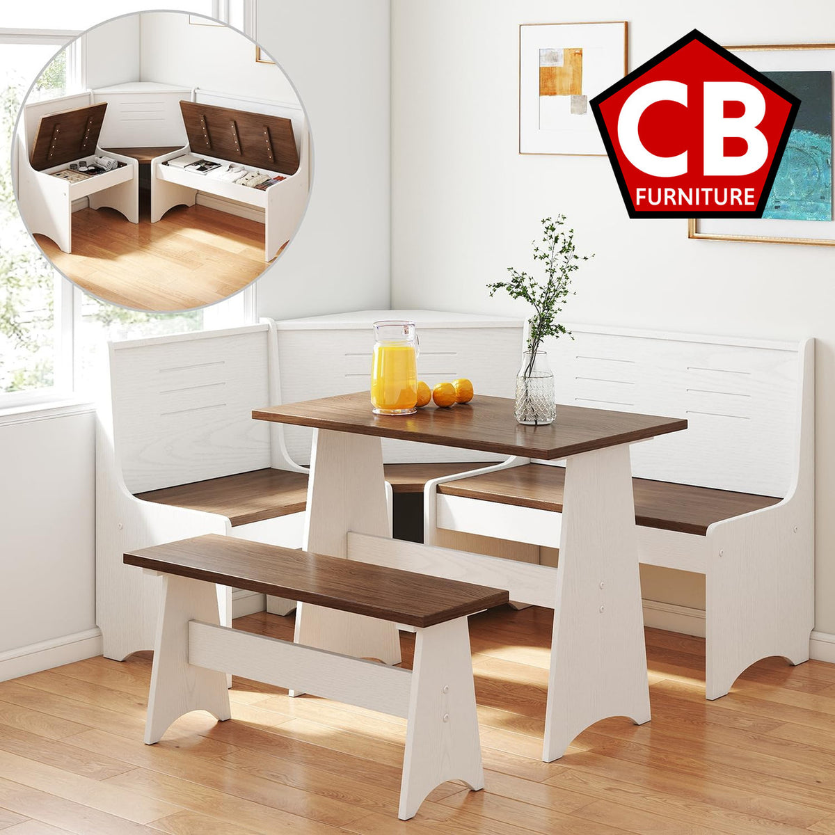 KARMINA White 60" x 47" L-Shaped Bench Breakfast Nook Dining Set