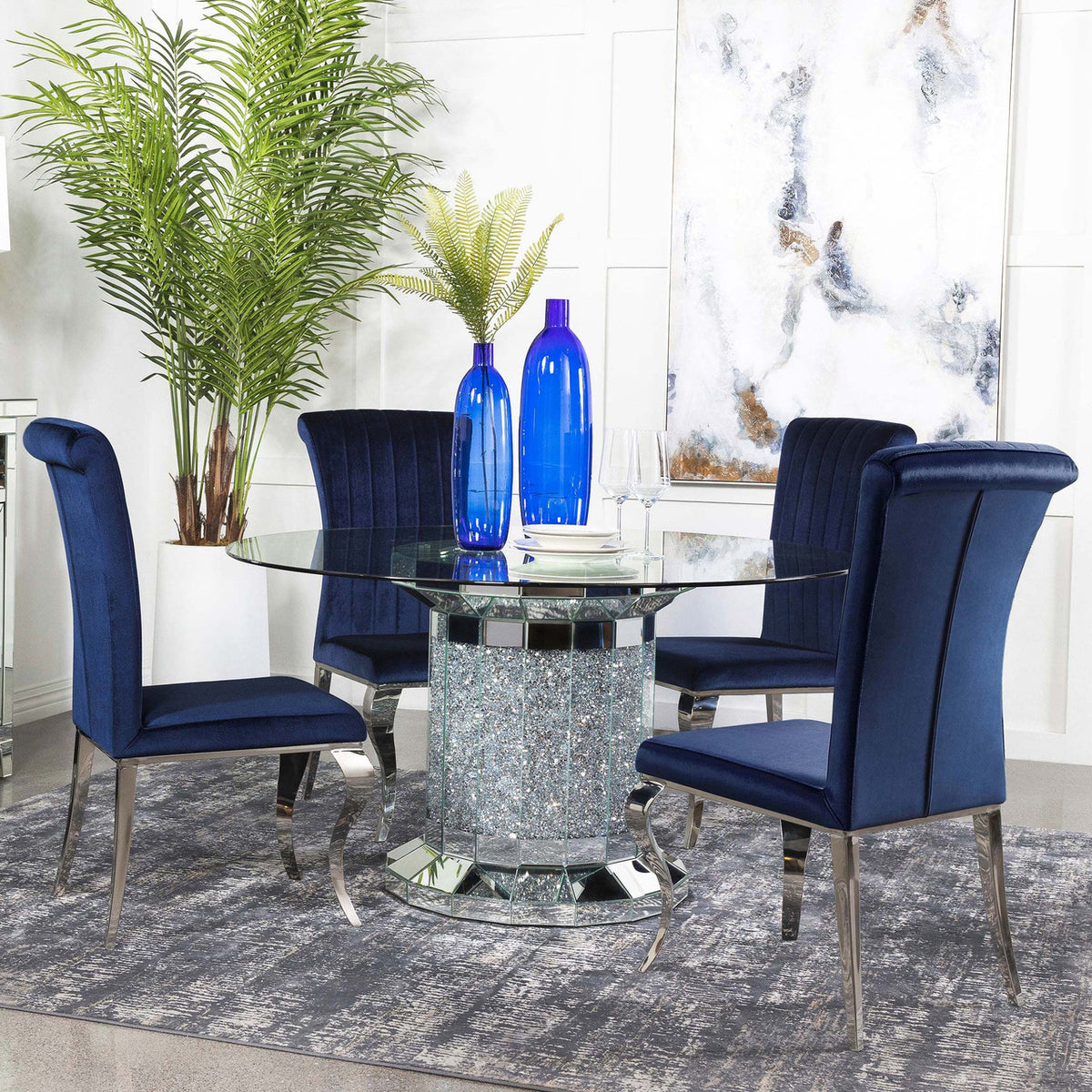KAROLINA Mirror Diamond 5 Piece Dining Set with DARLA Dark Blue Chairs