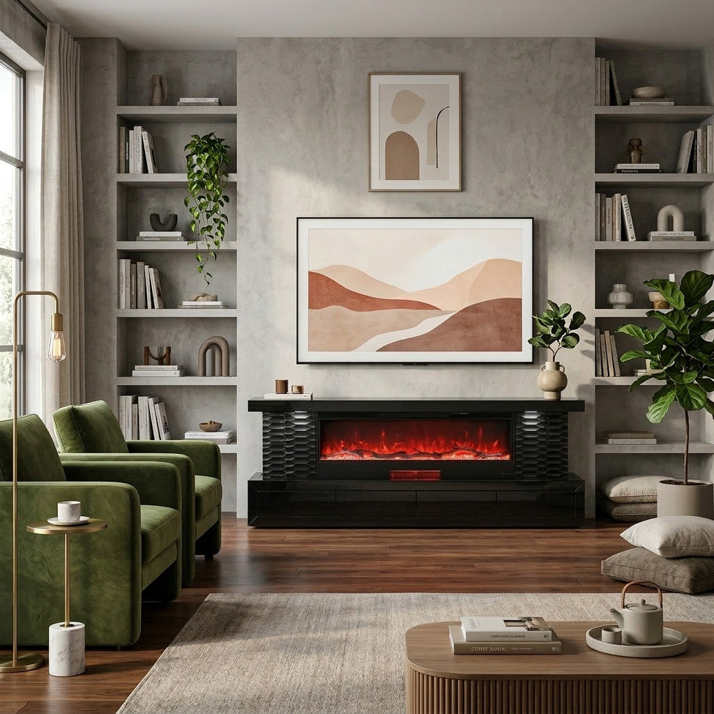 KATINI Glossy Black 71" Wide x 26" Height TV Stand with Fireplace & Bluetooth Speakers