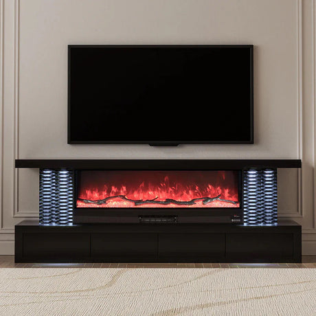 KATINI Glossy Black 71" Wide x 26" Height TV Stand with Fireplace & Bluetooth Speakers