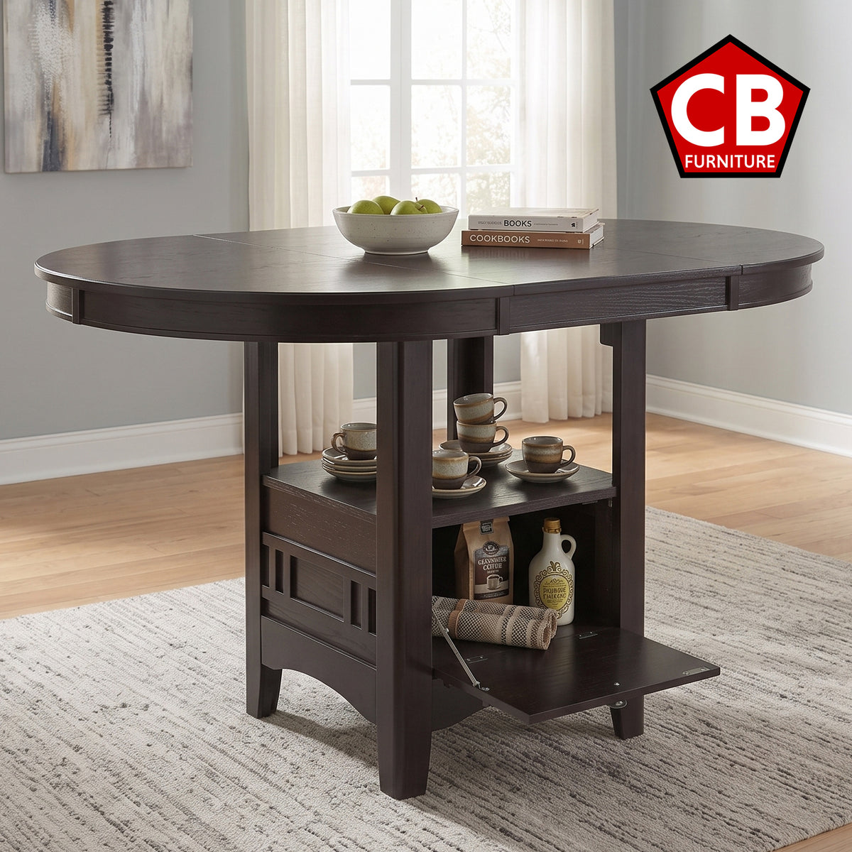 KILEEN Dark Brown 60" x 42" Storage Counter Table with Extension