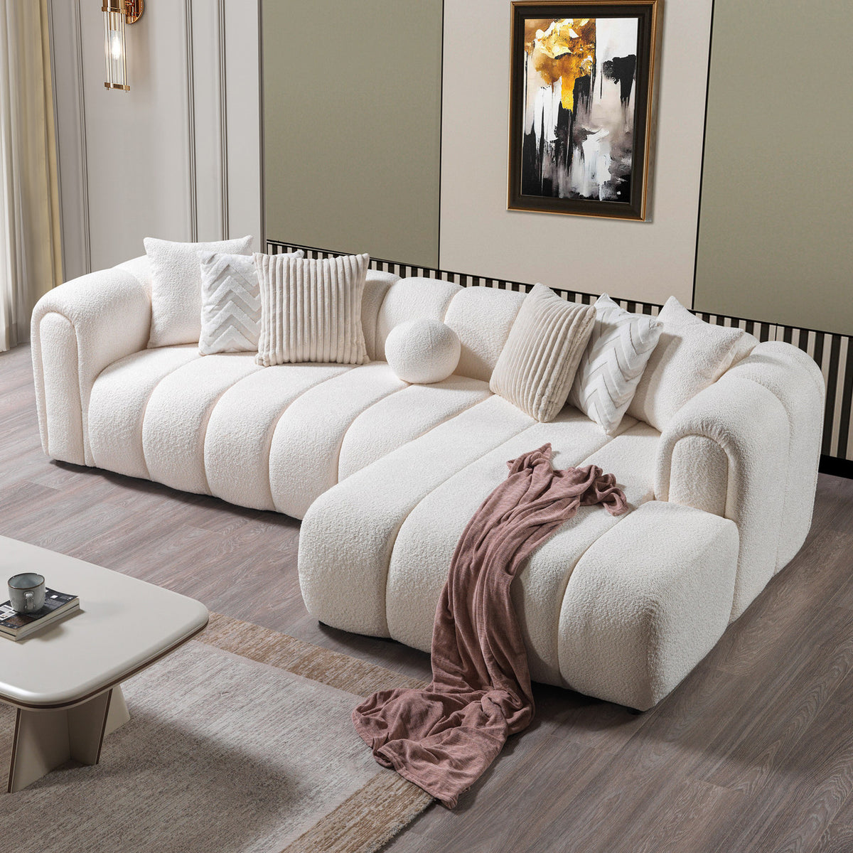 KIMMIE Ivory 135" Wide Boucle/Sherpa Sectional