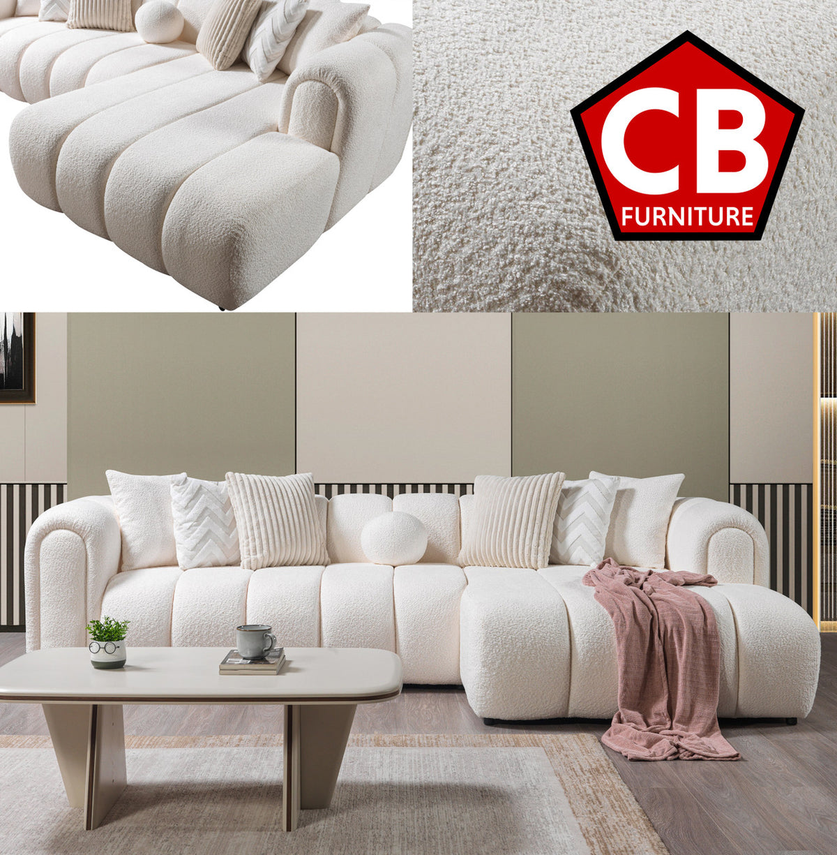 KIMMIE Ivory 135" Wide Boucle/Sherpa Sectional
