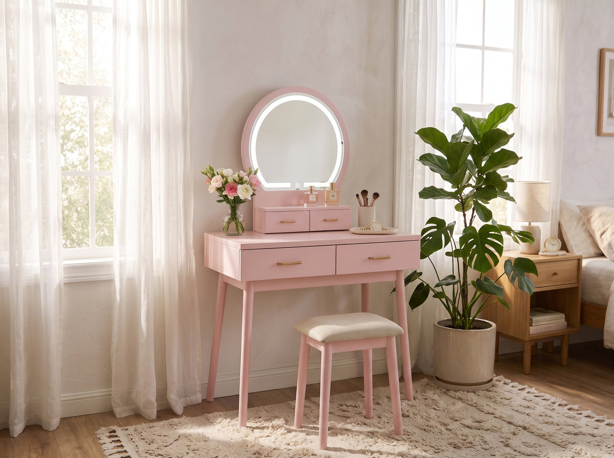 KORAIMA Pink 32" Wide LED Vanity & Stool