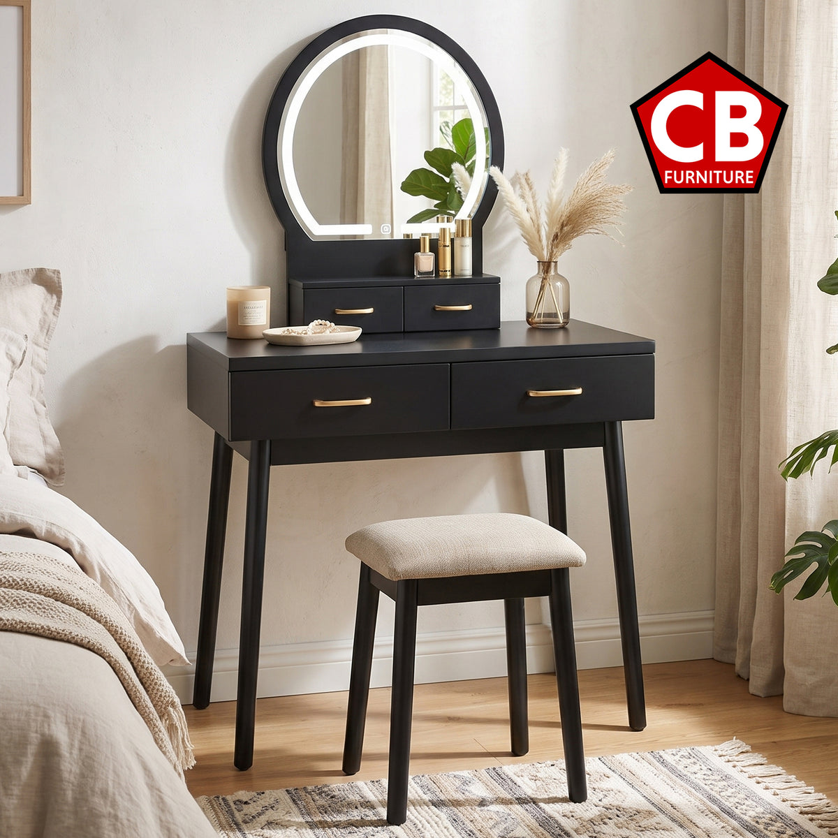 KORAIMA Black 32" Wide LED Vanity & Stool