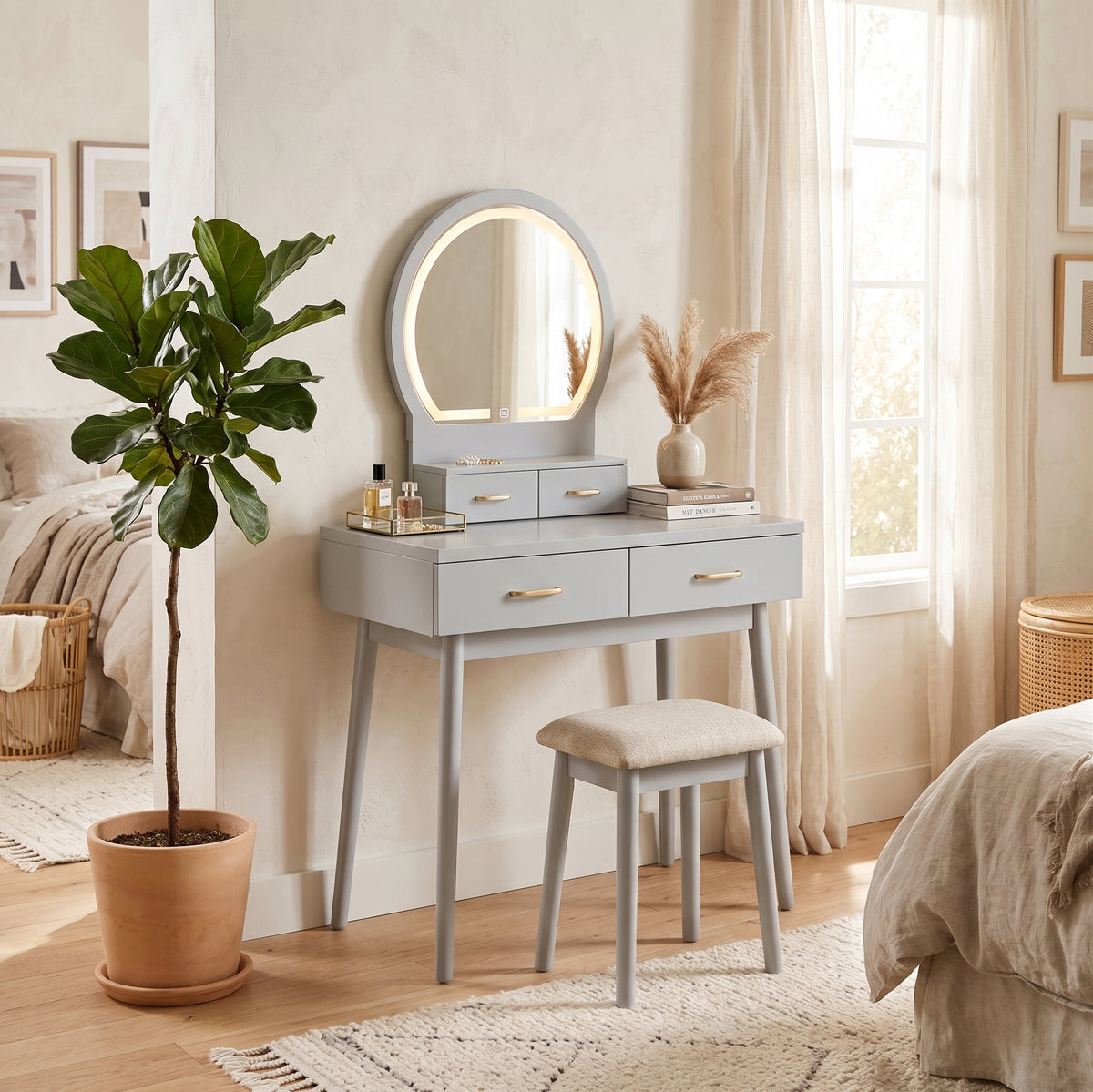 KORAIMA Gray 32" Wide LED Vanity & Stool