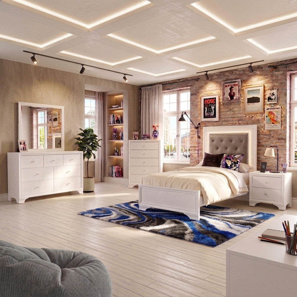 KRISTAL White & Gray Youth LED Bedroom Set