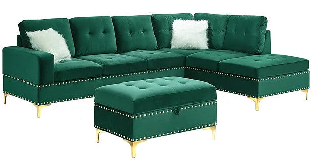KUARRI Green Velvet 107" Wide Reversible Sectional