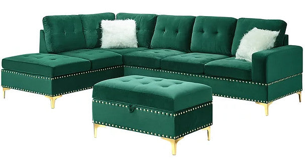 KUARRI Green Velvet 107" Wide Reversible Sectional