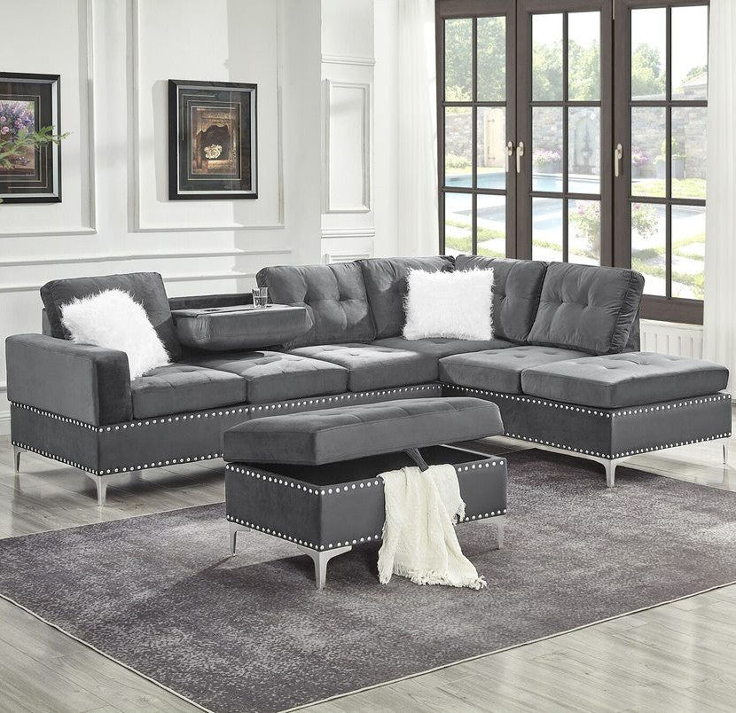 KUARRI Gray Velvet 107" Wide Reversible Sectional