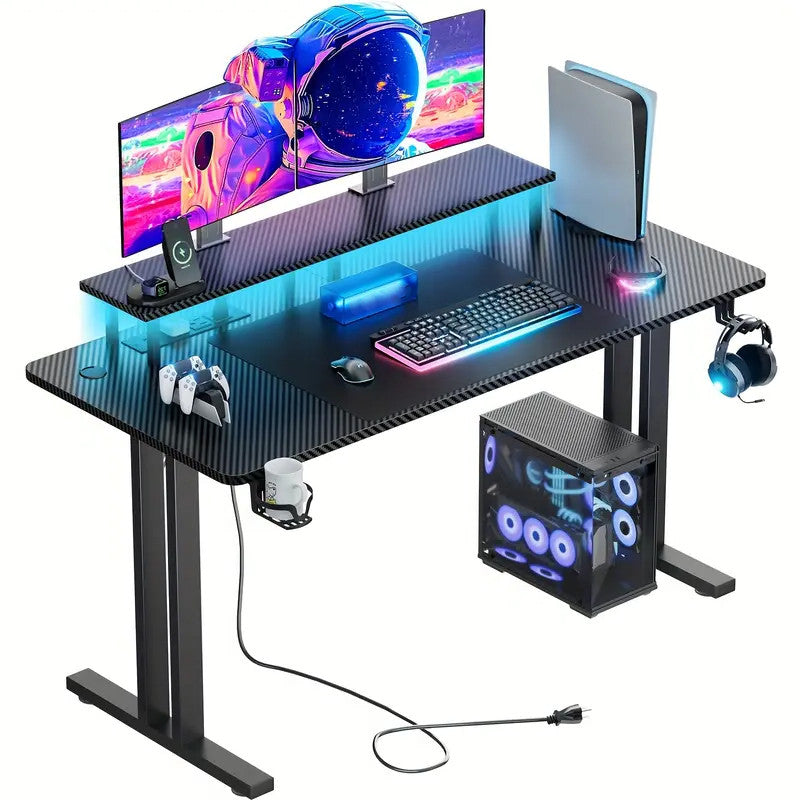 KWAKE Carbon Fiber 55" x 24" Gaming Desk with LED Lights and Power Outlet