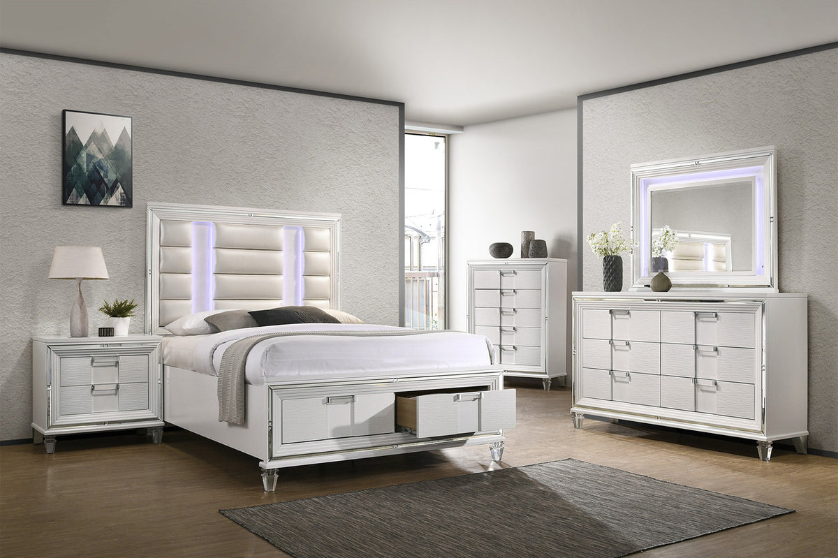 LEACREST White Storage Bedroom Set with LED's, Mirror Accents, and Hidden Drawers