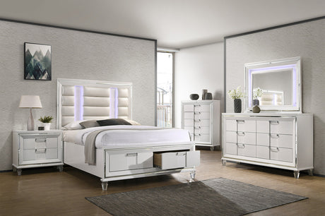 LEACREST White Storage Bedroom Set with LED's, Mirror Accents, and Hidden Drawers