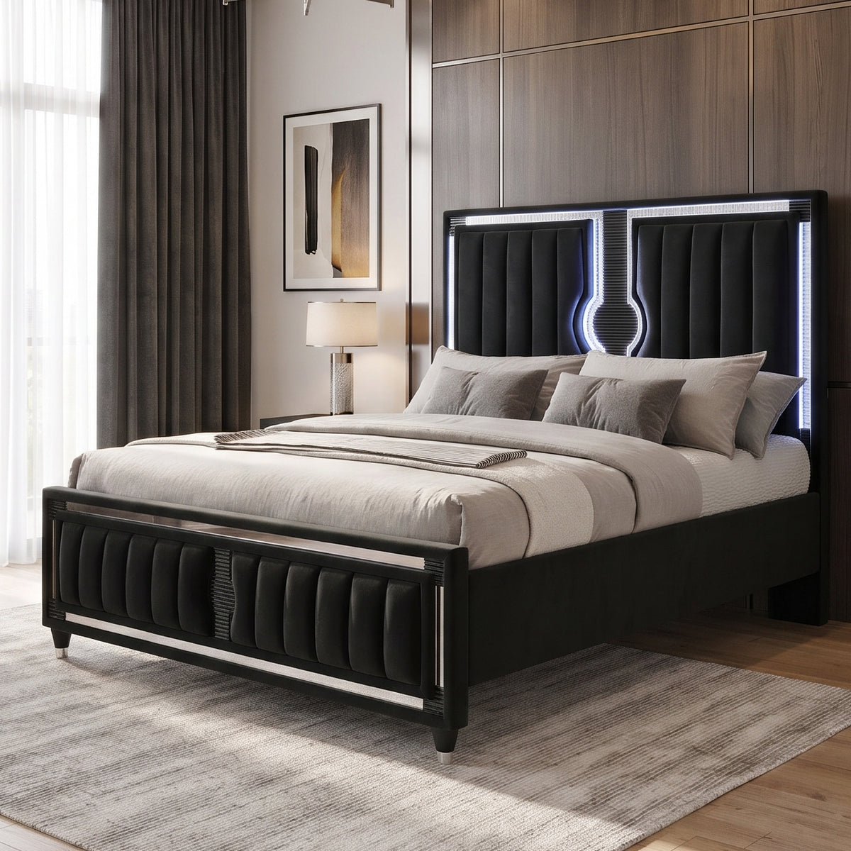 LUCHESE Black Velvet & Mirror 61" Height Bed with LED Lights
