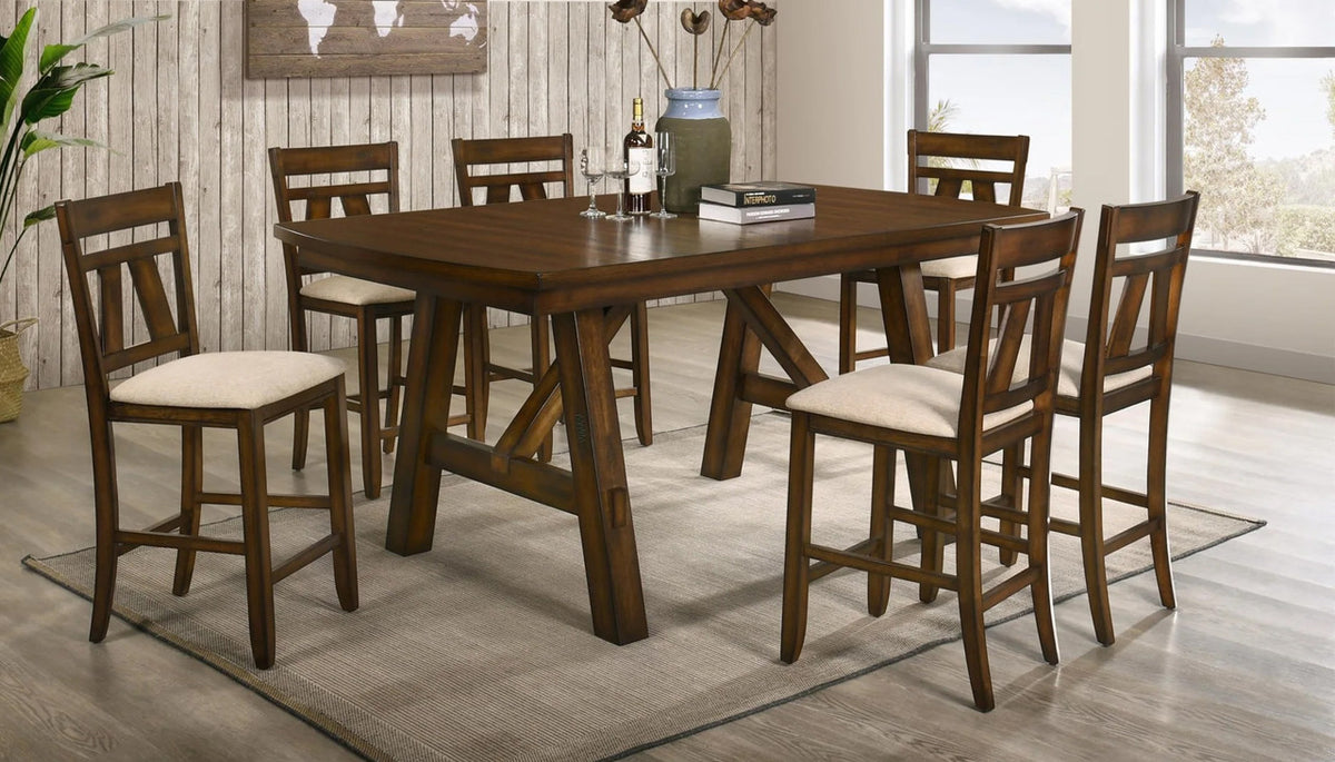 LUKAS Distressed Brown 7 Piece Counter Height Set