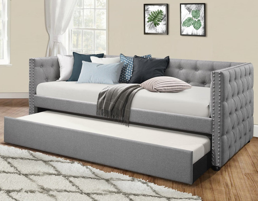LYNDA Gray Linen Daybed with Trundle