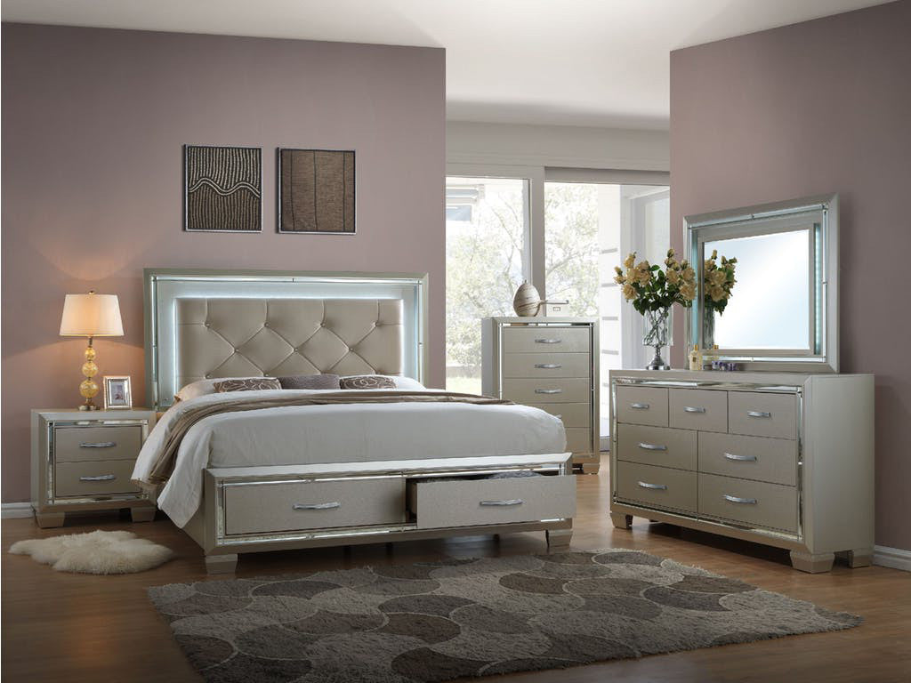 GIORGIA Champagne Lighted Bedroom with Storage Bed