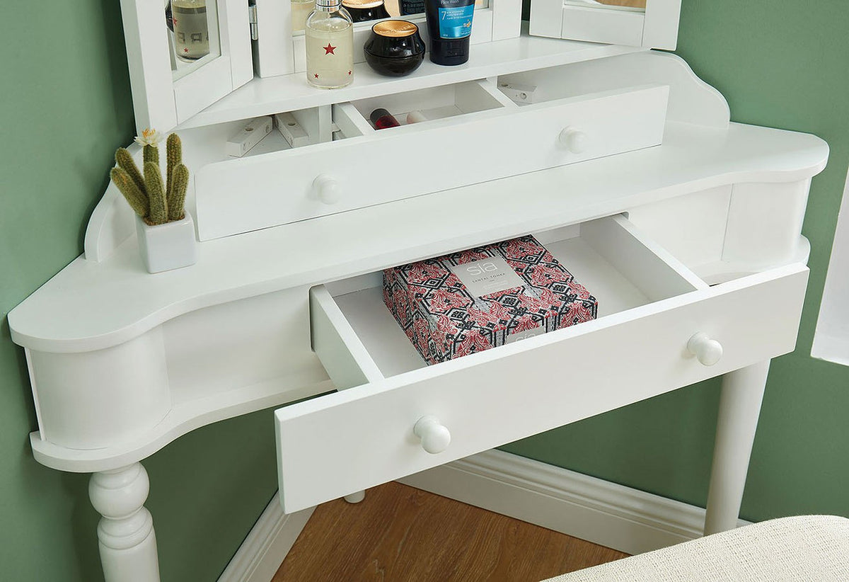LINETTE White 38" Wide Corner Vanity with Stool