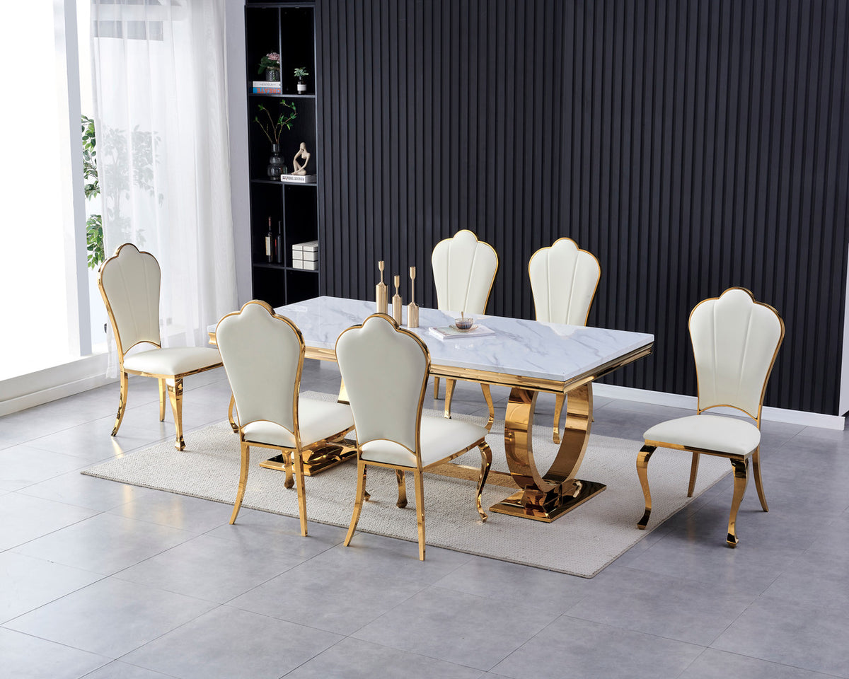 M60 Gold & Cream Real Marble White & Silver 7 Piece Dining Set