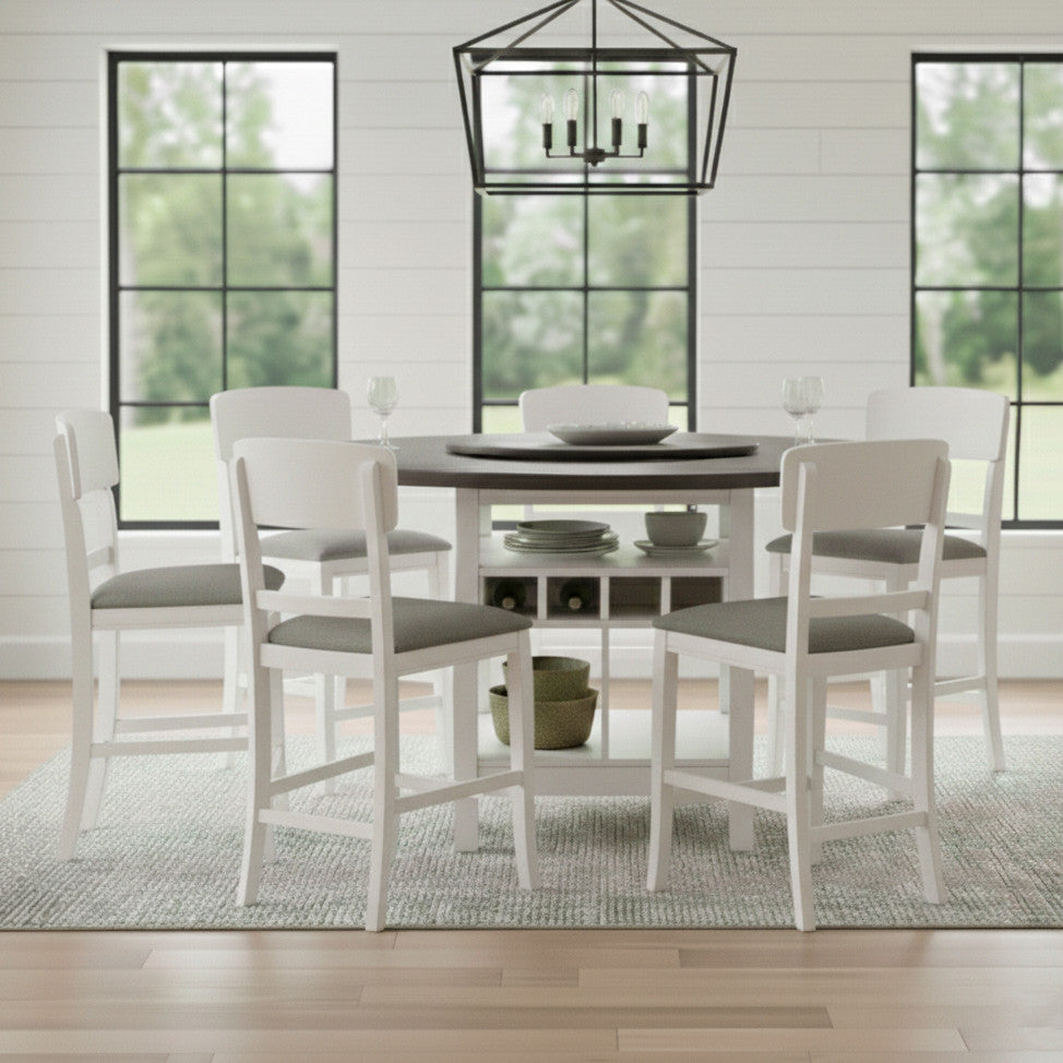 MANNA White & Gray 7 Piece Counter Height Set with Lazy-Susan