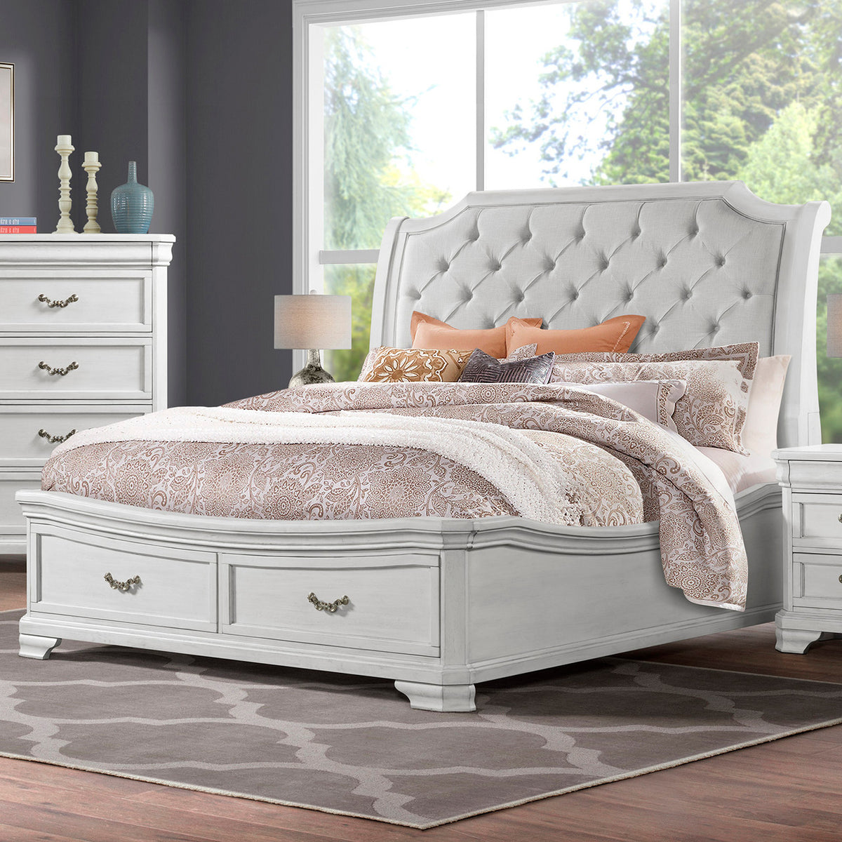 MARVAL Vintage White Upholstered Sleigh Bed with Drawers