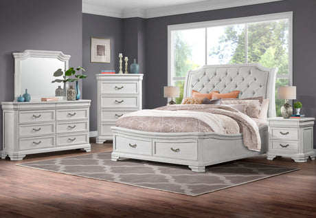 MARVAL Vintage White Upholstered Sleigh Bed with Drawers
