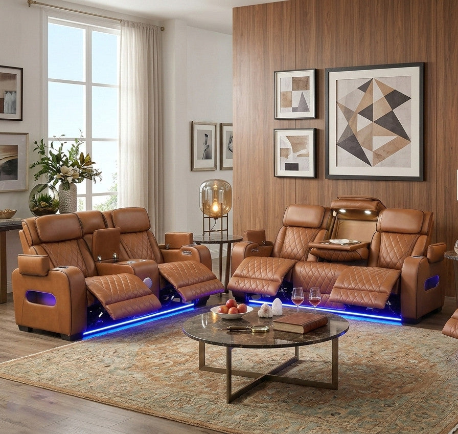 MARVEL Caramel Brown Livingroom with Bluetooth Speakers & LED Lighting