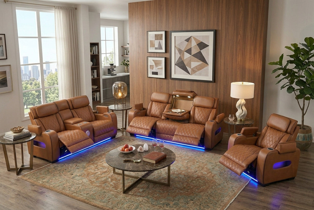 MARVEL Caramel Brown Livingroom with Bluetooth Speakers & LED Lighting