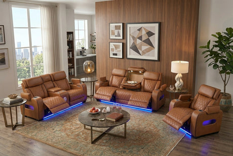 MARVEL Caramel Brown 74" Wide Loveseat with Bluetooth Speakers & LED Lighting