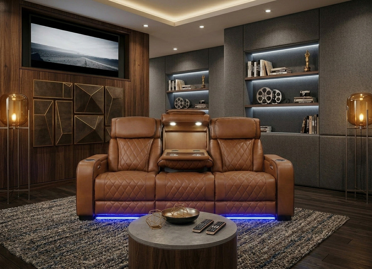 MARVEL Caramel Brown 84" Wide Power Reclining Sofa with LED Lighting