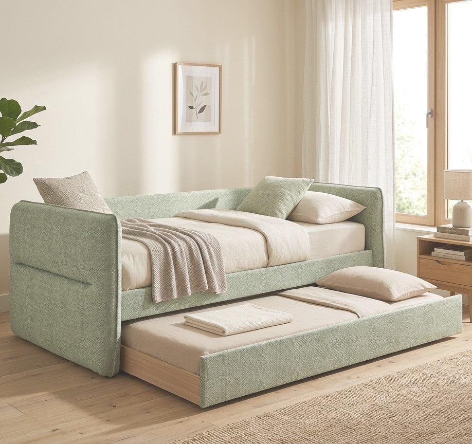 MAURA Light Green Tweed Daybed with Trundle