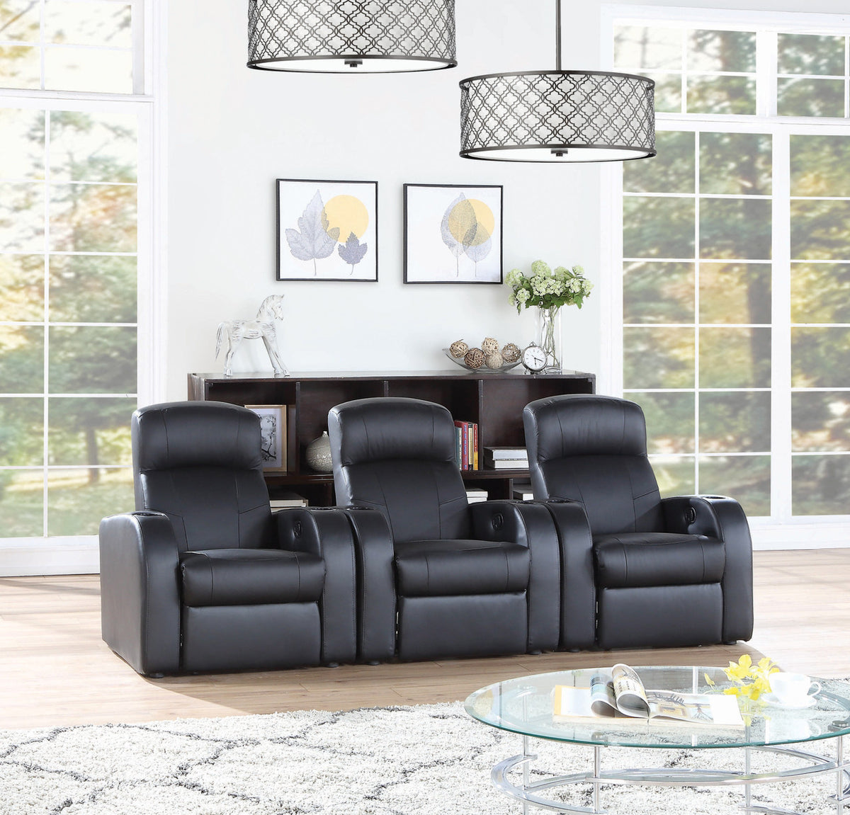 MAXX Black Leather 3 Piece Reclining Theater Seats