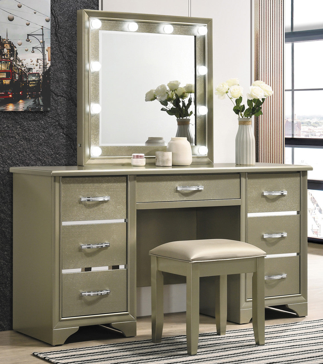 MELENNA Champagne 59" Wide Vanity Desk & Mirror