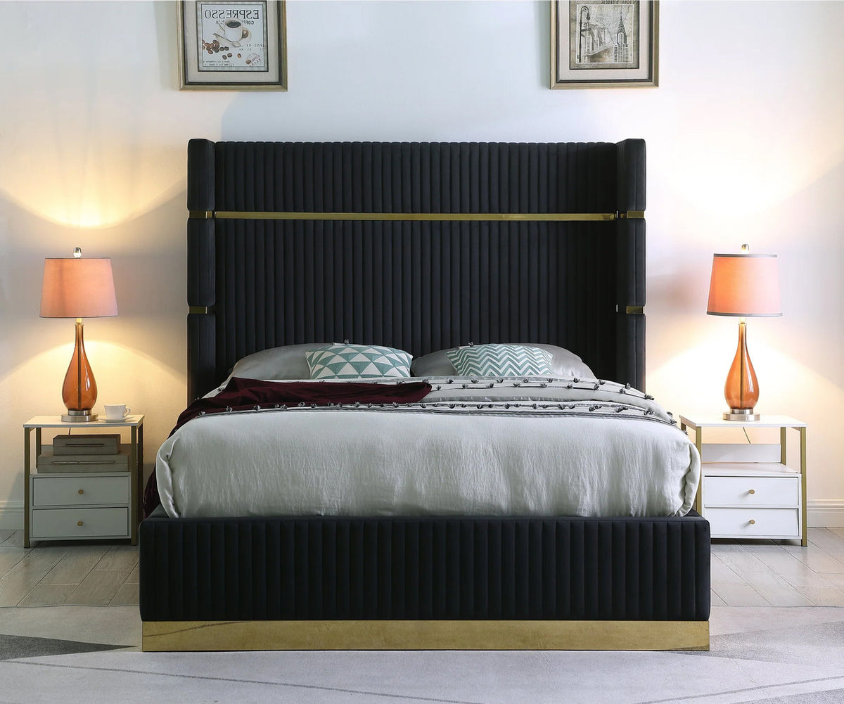 MENEFE Black Velvet & Gold 66" Height Platform Bed