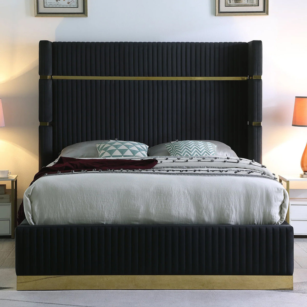 MENEFE Black Velvet & Gold 66" Height Platform Bed