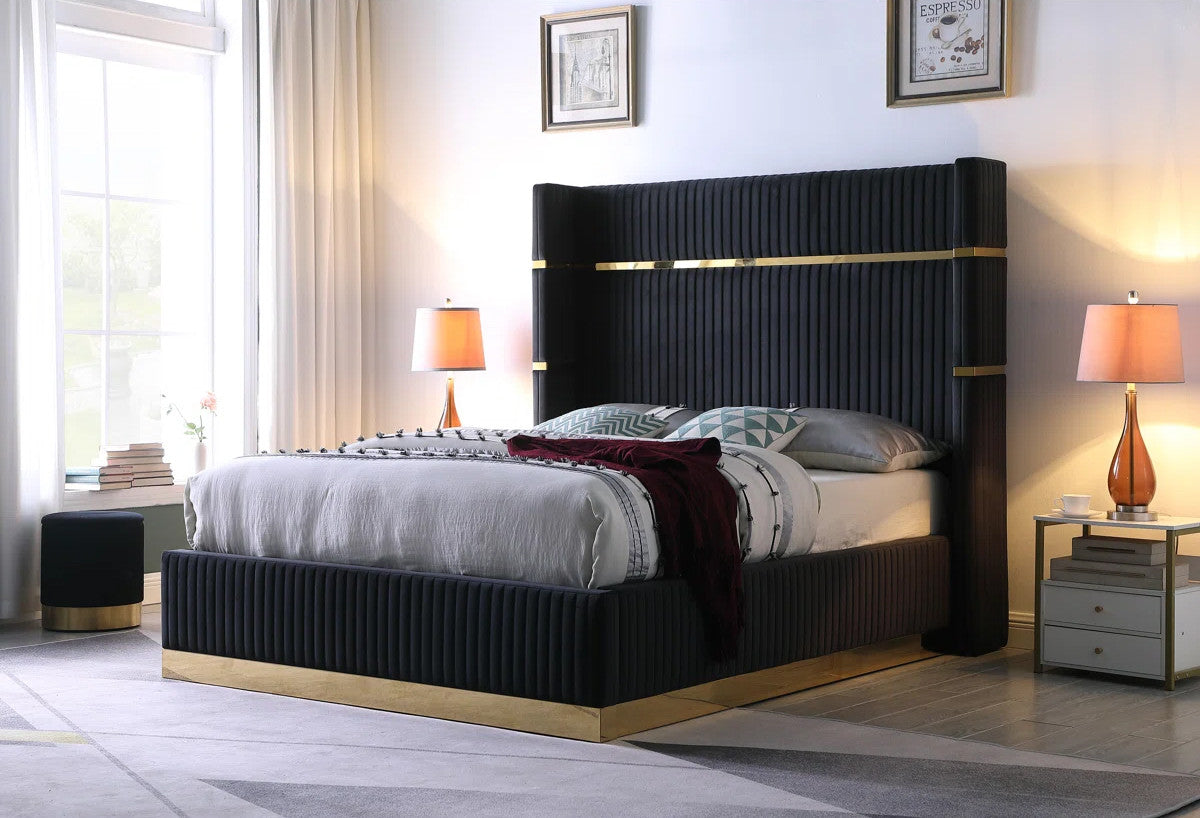 MENEFE Black Velvet & Gold 66" Height Platform Bed
