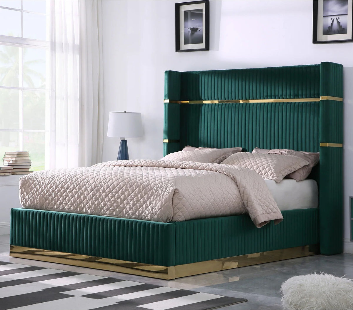 MENEFE Green Velvet & Gold 66" Height Platform Bed