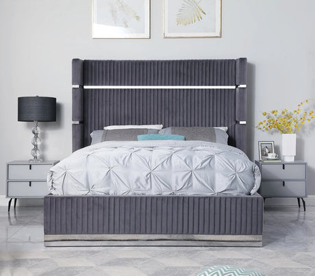 MENEFE Gray Velvet & Chrome 66" Height Platform Bed