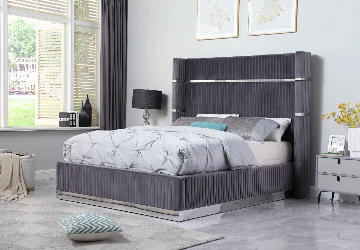 MENEFE Gray Velvet & Chrome 66" Height Platform Bed