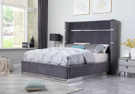 MENEFE Gray Velvet & Chrome 66" Height Platform Bed