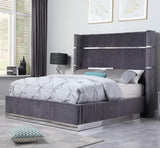 MENEFE Gray Velvet & Chrome 66" Height Platform Bed
